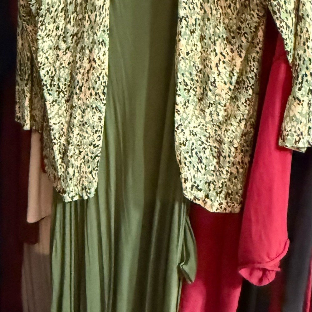 Soft Surroundings Moss Green Dress with Patterned Cardigan